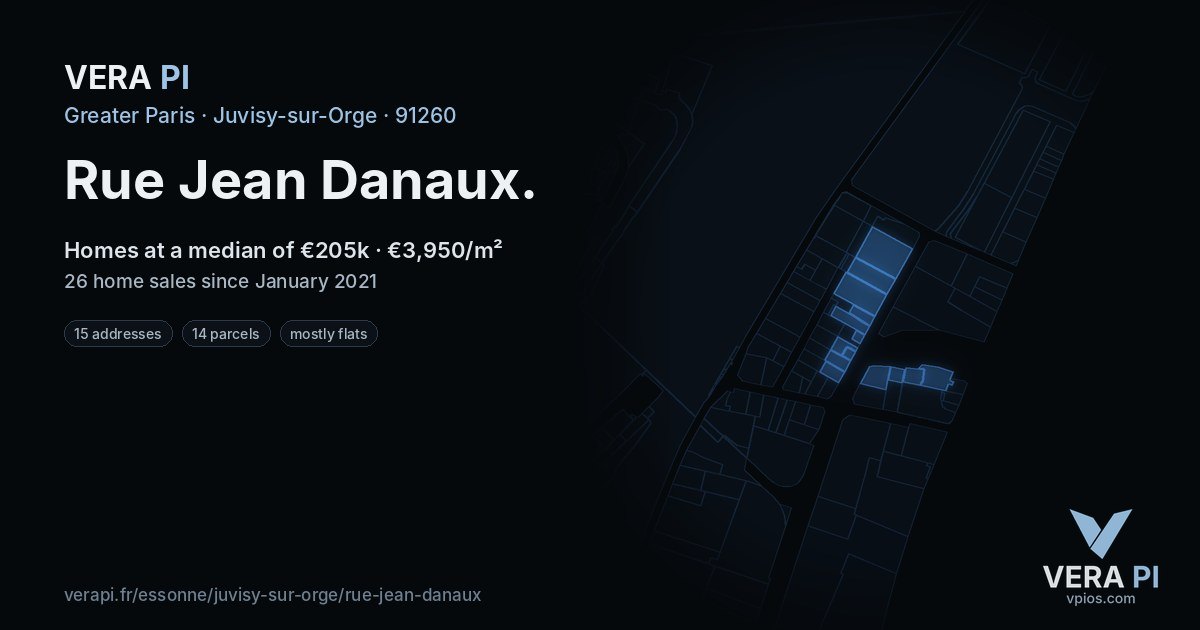 Rue Jean Danaux, Juvisy-sur-Orge at night – every parcel coloured by the prices around it, the street's own parcels lit