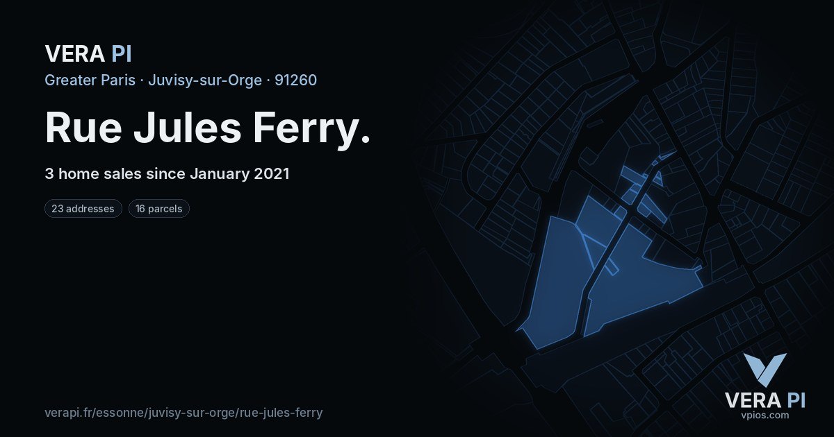 Rue Jules Ferry, Juvisy-sur-Orge at night – every parcel coloured by the prices around it, the street's own parcels lit