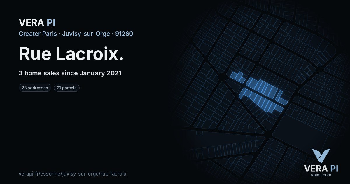 Rue Lacroix, Juvisy-sur-Orge at night – every parcel coloured by the prices around it, the street's own parcels lit
