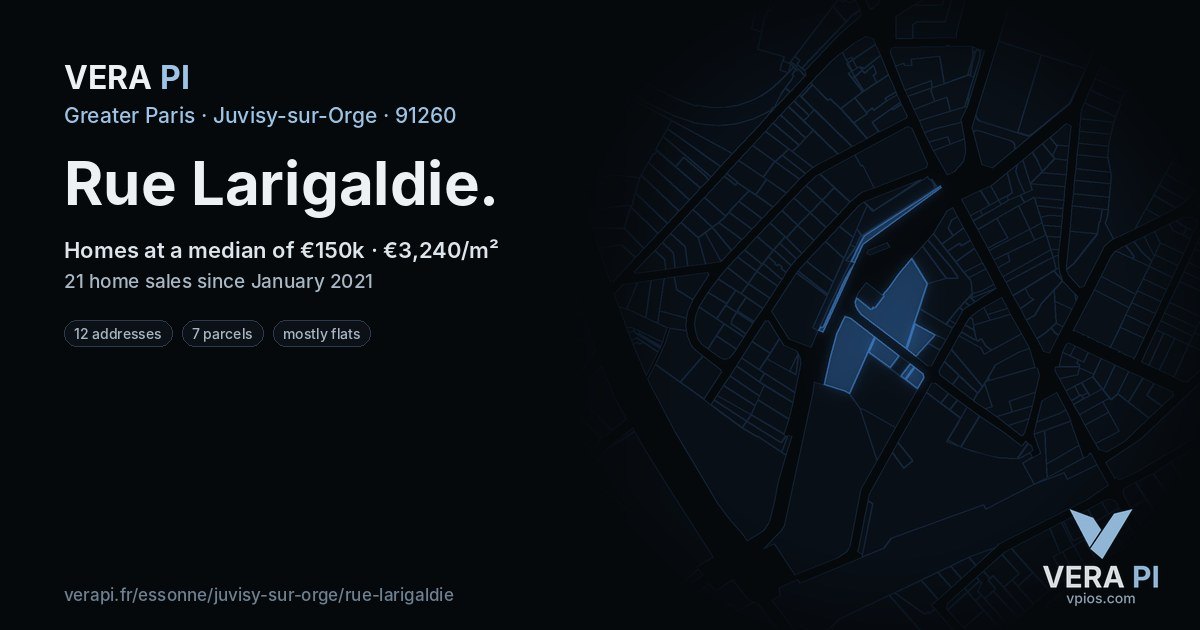 Rue Larigaldie, Juvisy-sur-Orge at night – every parcel coloured by the prices around it, the street's own parcels lit