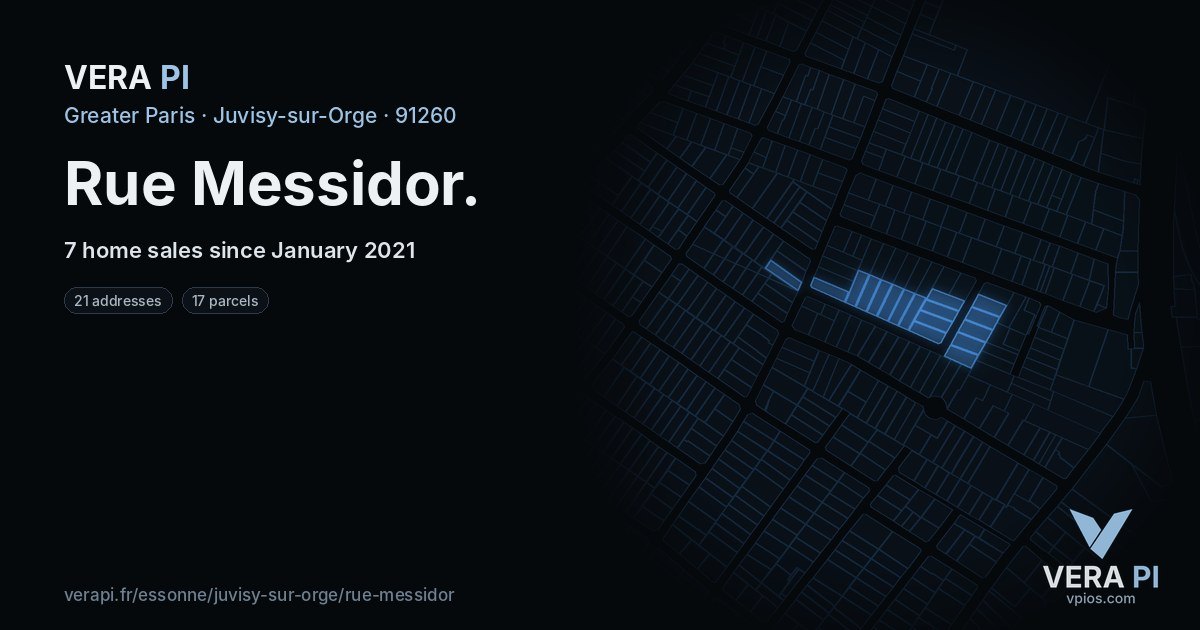 Rue Messidor, Juvisy-sur-Orge at night – every parcel coloured by the prices around it, the street's own parcels lit
