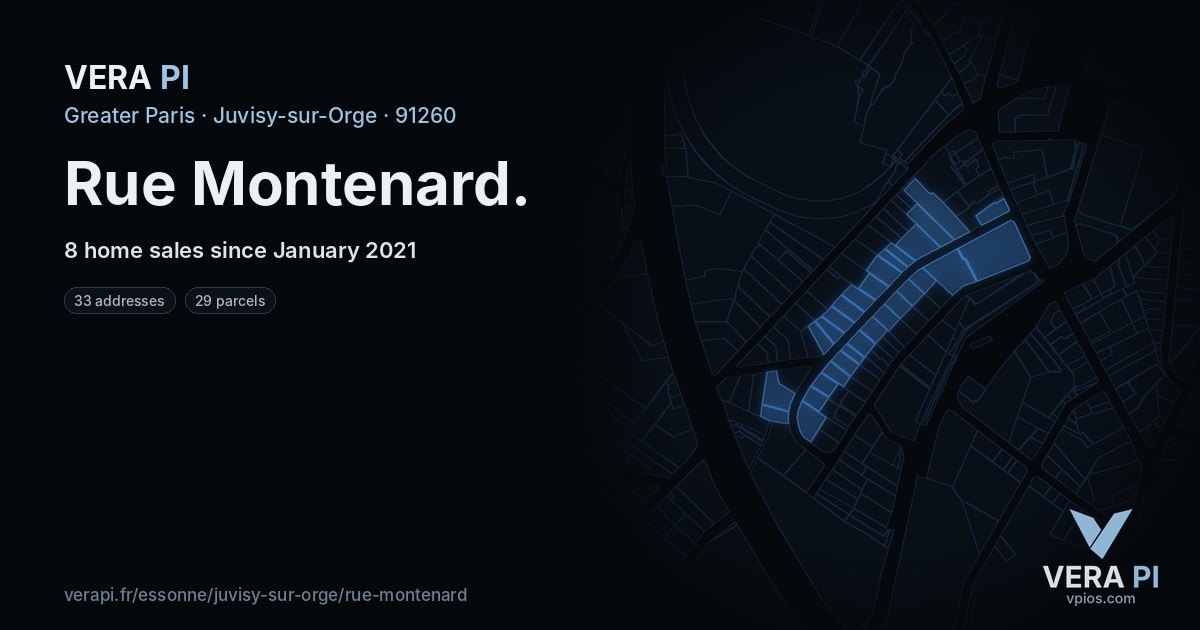 Rue Montenard, Juvisy-sur-Orge at night – every parcel coloured by the prices around it, the street's own parcels lit
