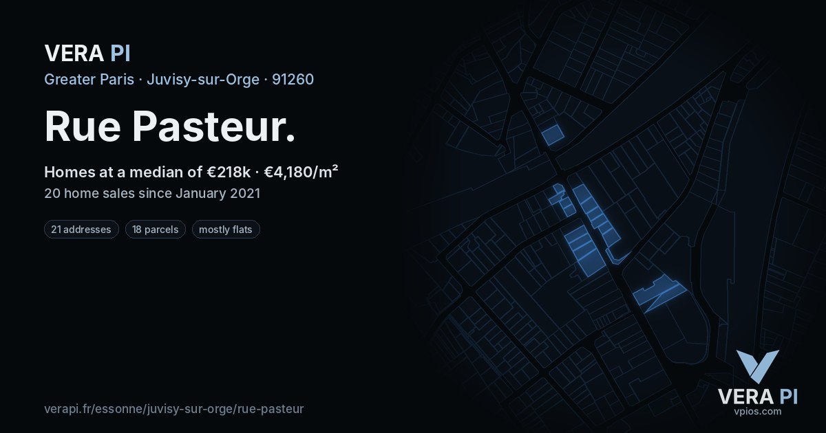 Rue Pasteur, Juvisy-sur-Orge at night – every parcel coloured by the prices around it, the street's own parcels lit