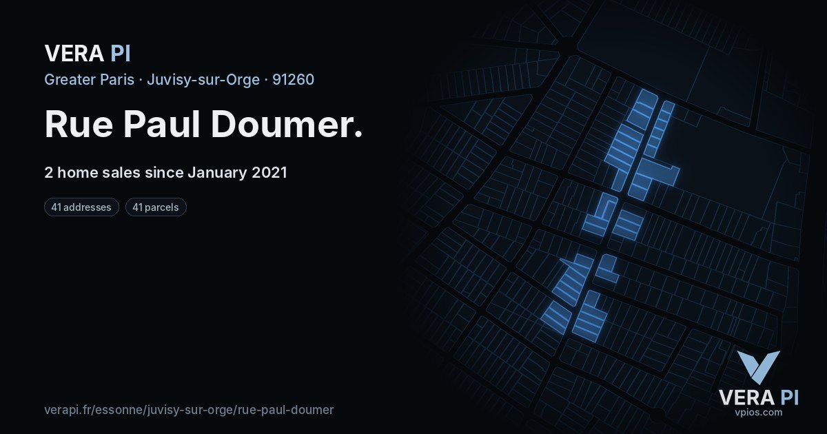 Rue Paul Doumer, Juvisy-sur-Orge at night – every parcel coloured by the prices around it, the street's own parcels lit