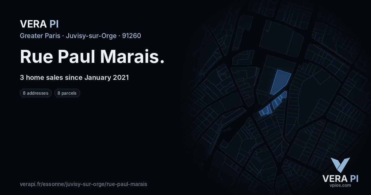 Rue Paul Marais, Juvisy-sur-Orge at night – every parcel coloured by the prices around it, the street's own parcels lit