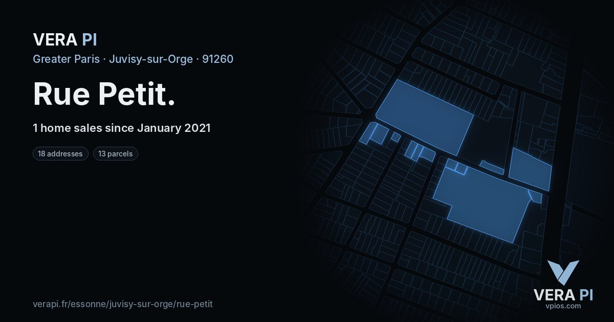 Rue Petit, Juvisy-sur-Orge at night – every parcel coloured by the prices around it, the street's own parcels lit
