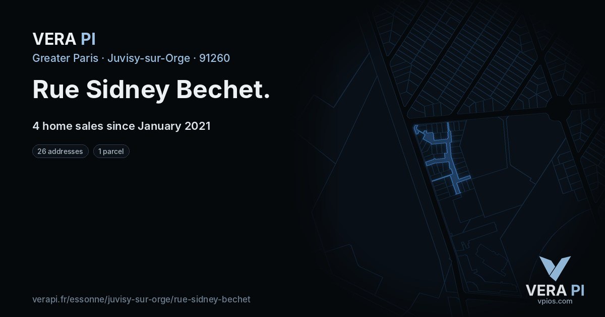 Rue Sidney Bechet, Juvisy-sur-Orge at night – every parcel coloured by the prices around it, the street's own parcels lit