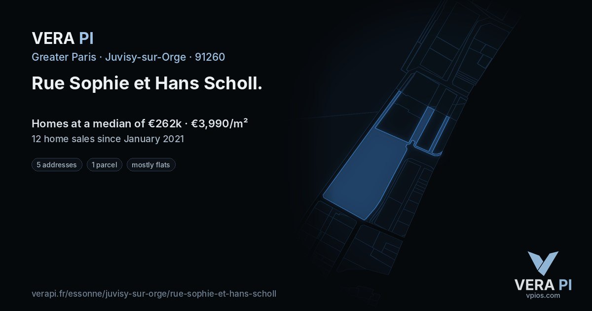 Rue Sophie et Hans Scholl, Juvisy-sur-Orge at night – every parcel coloured by the prices around it, the street's own parcels lit