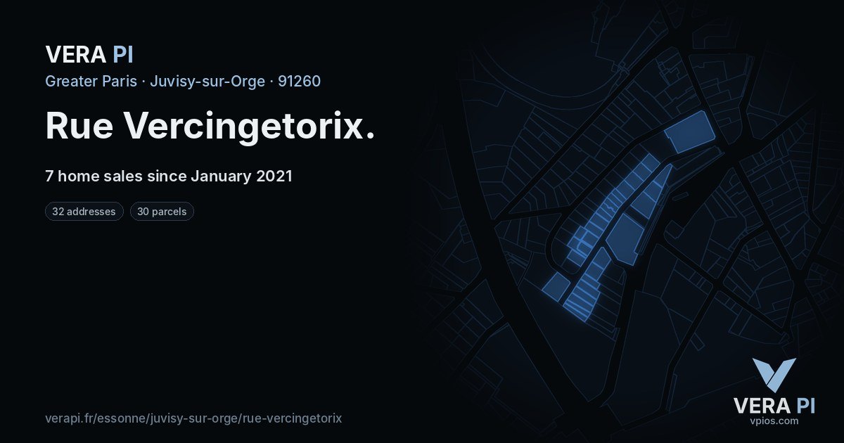 Rue Vercingetorix, Juvisy-sur-Orge at night – every parcel coloured by the prices around it, the street's own parcels lit