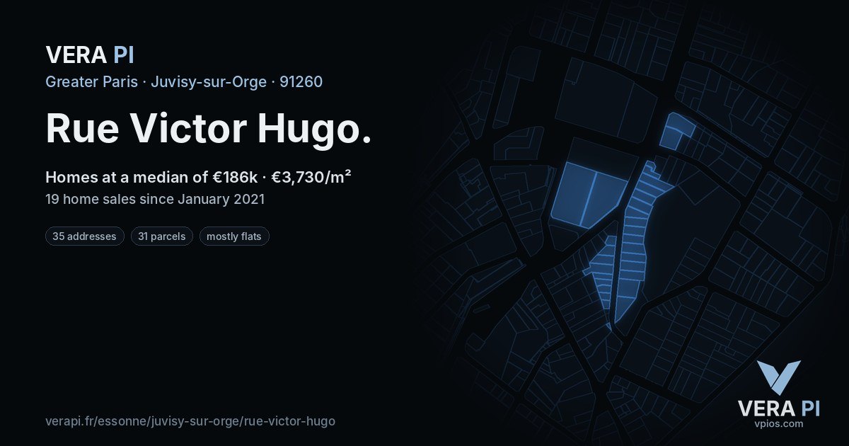 Rue Victor Hugo, Juvisy-sur-Orge at night – every parcel coloured by the prices around it, the street's own parcels lit