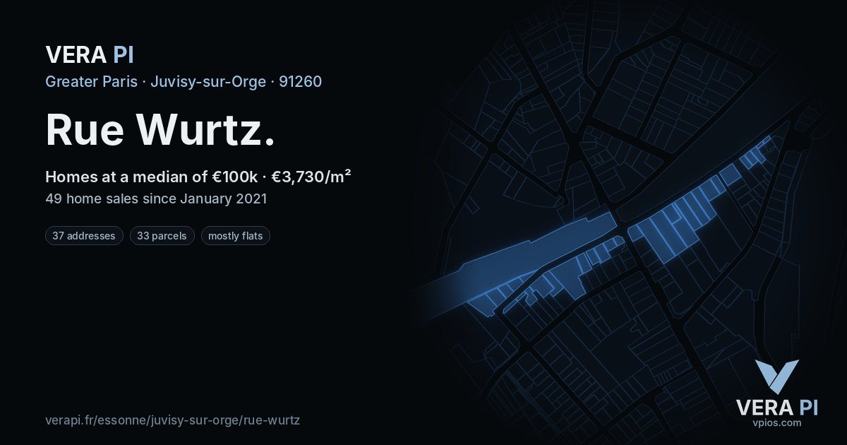 Rue Wurtz, Juvisy-sur-Orge at night – every parcel coloured by the prices around it, the street's own parcels lit
