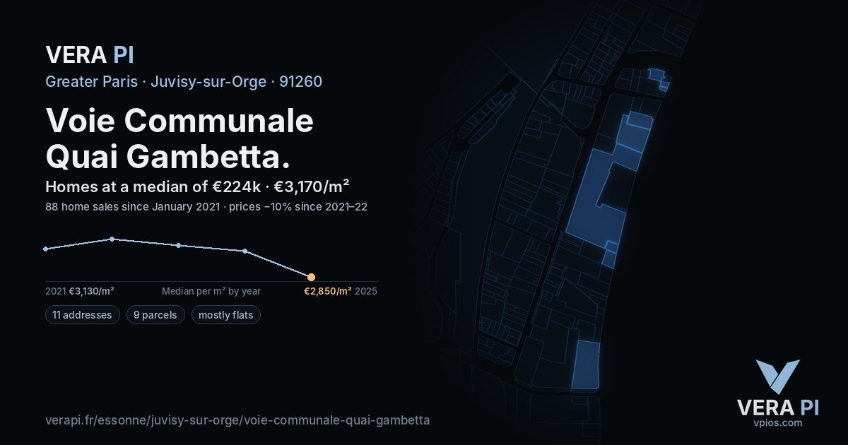 Voie Communale Quai Gambetta, Juvisy-sur-Orge at night – every parcel coloured by the prices around it, the street's own parcels lit