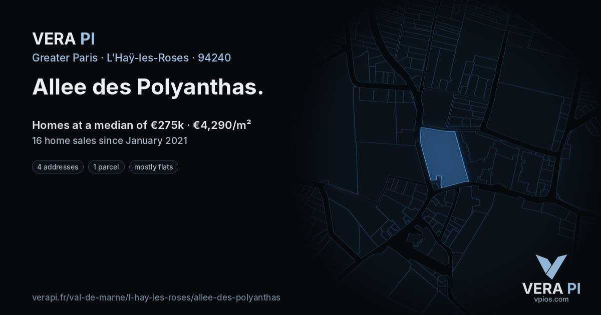 Allee des Polyanthas, L'Haÿ-les-Roses at night – every parcel coloured by the prices around it, the street's own parcels lit