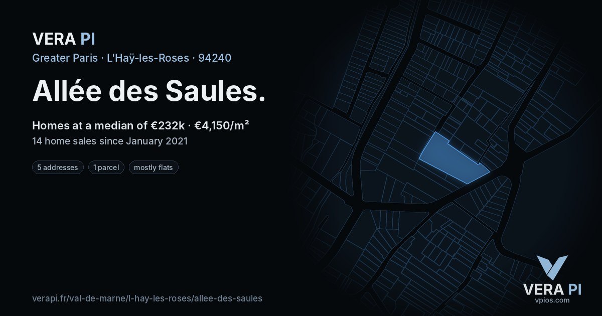 Allée des Saules, L'Haÿ-les-Roses at night – every parcel coloured by the prices around it, the street's own parcels lit