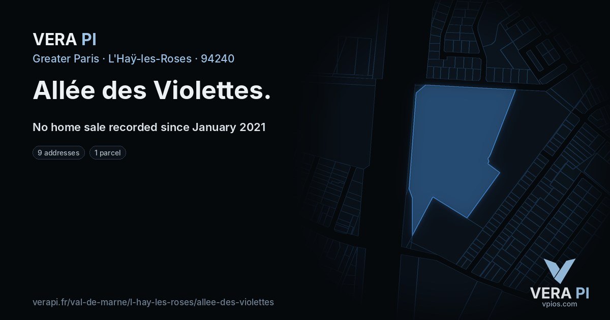 Allée des Violettes, L'Haÿ-les-Roses at night – every parcel coloured by the prices around it, the street's own parcels lit