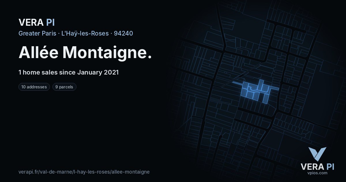 Allée Montaigne, L'Haÿ-les-Roses at night – every parcel coloured by the prices around it, the street's own parcels lit