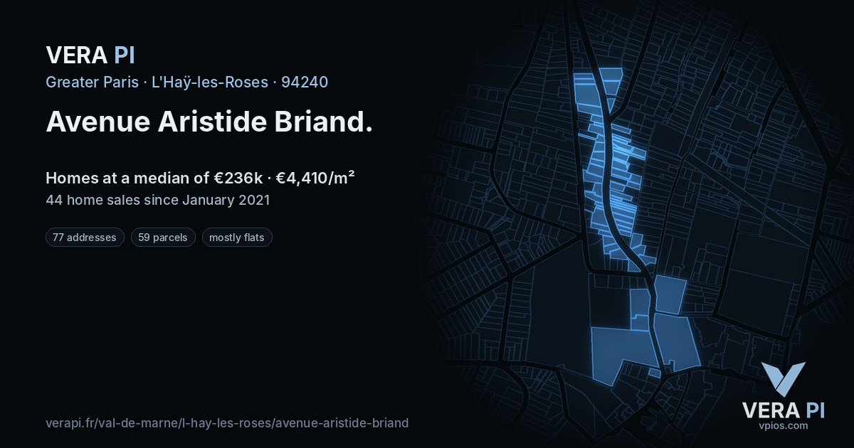 Avenue Aristide Briand, L'Haÿ-les-Roses at night – every parcel coloured by the prices around it, the street's own parcels lit