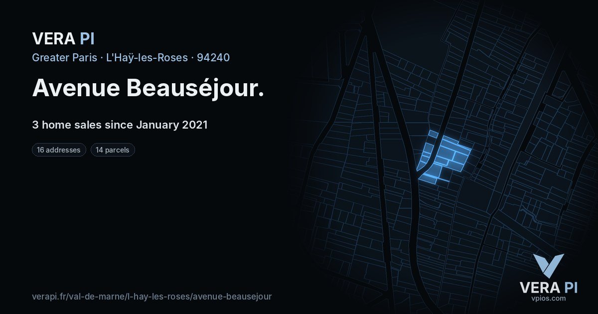 Avenue Beauséjour, L'Haÿ-les-Roses at night – every parcel coloured by the prices around it, the street's own parcels lit