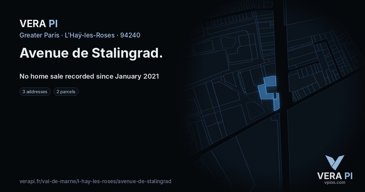 Avenue de Stalingrad, L'Haÿ-les-Roses at night – every parcel coloured by the prices around it, the street's own parcels lit