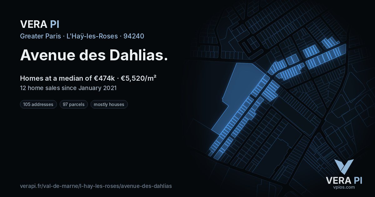 Avenue des Dahlias, L'Haÿ-les-Roses at night – every parcel coloured by the prices around it, the street's own parcels lit
