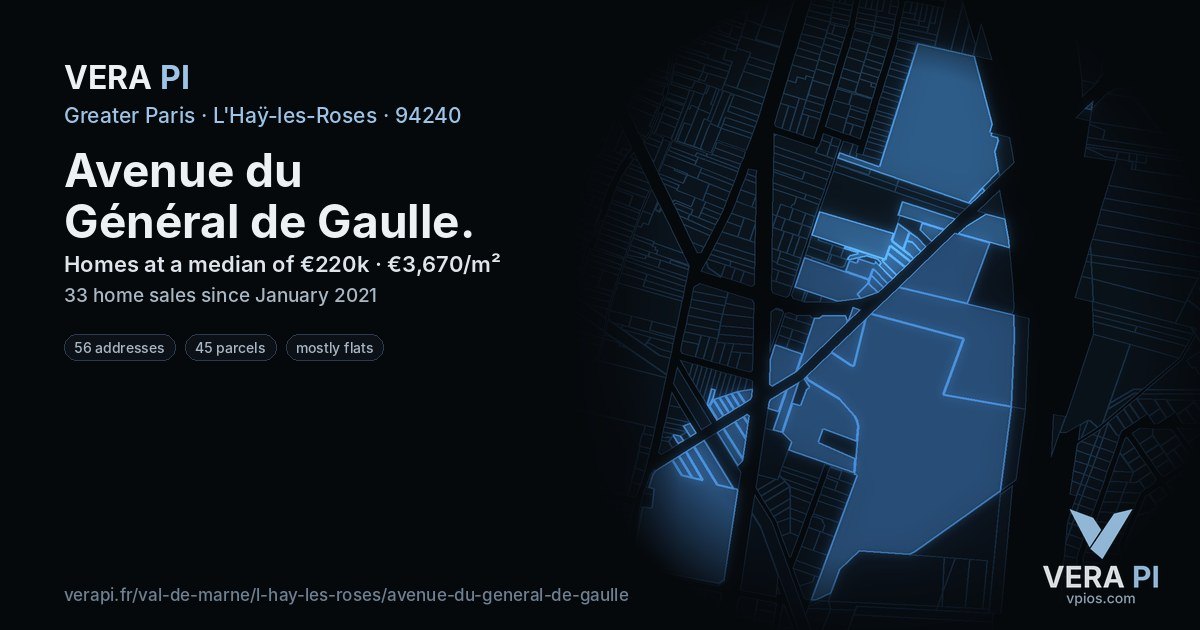 Avenue du Général de Gaulle, L'Haÿ-les-Roses at night – every parcel coloured by the prices around it, the street's own parcels lit