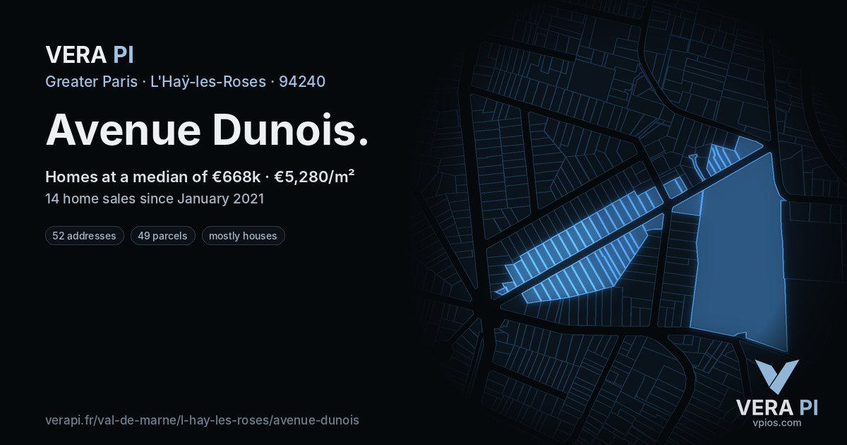 Avenue Dunois, L'Haÿ-les-Roses at night – every parcel coloured by the prices around it, the street's own parcels lit