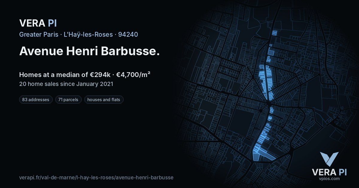 Avenue Henri Barbusse, L'Haÿ-les-Roses at night – every parcel coloured by the prices around it, the street's own parcels lit
