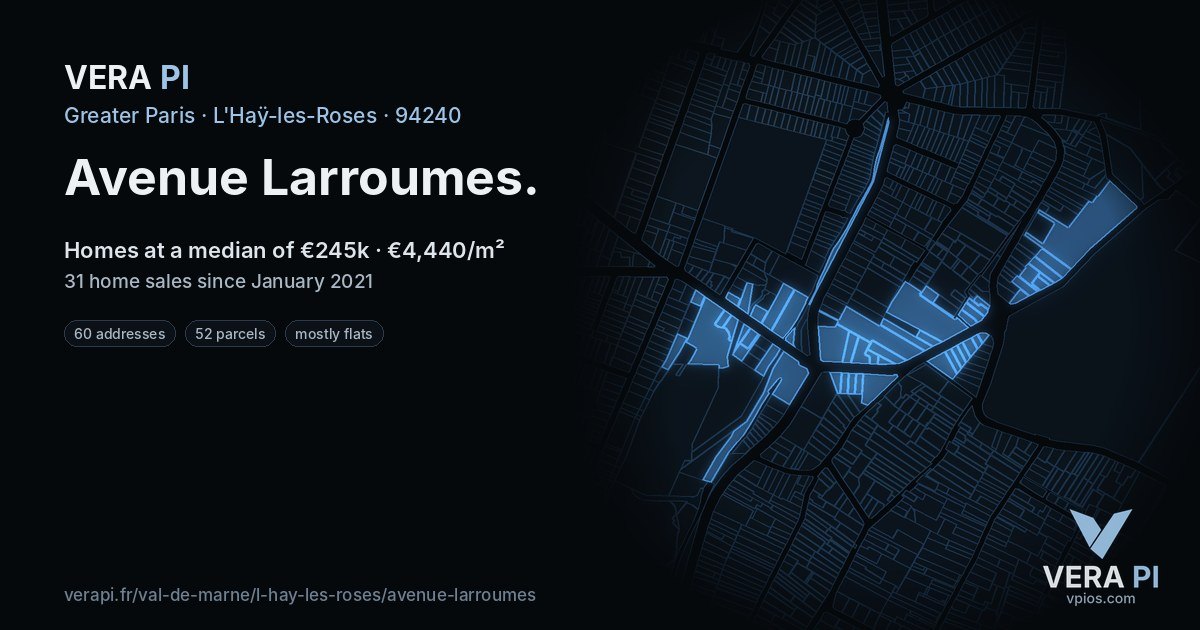 Avenue Larroumes, L'Haÿ-les-Roses at night – every parcel coloured by the prices around it, the street's own parcels lit
