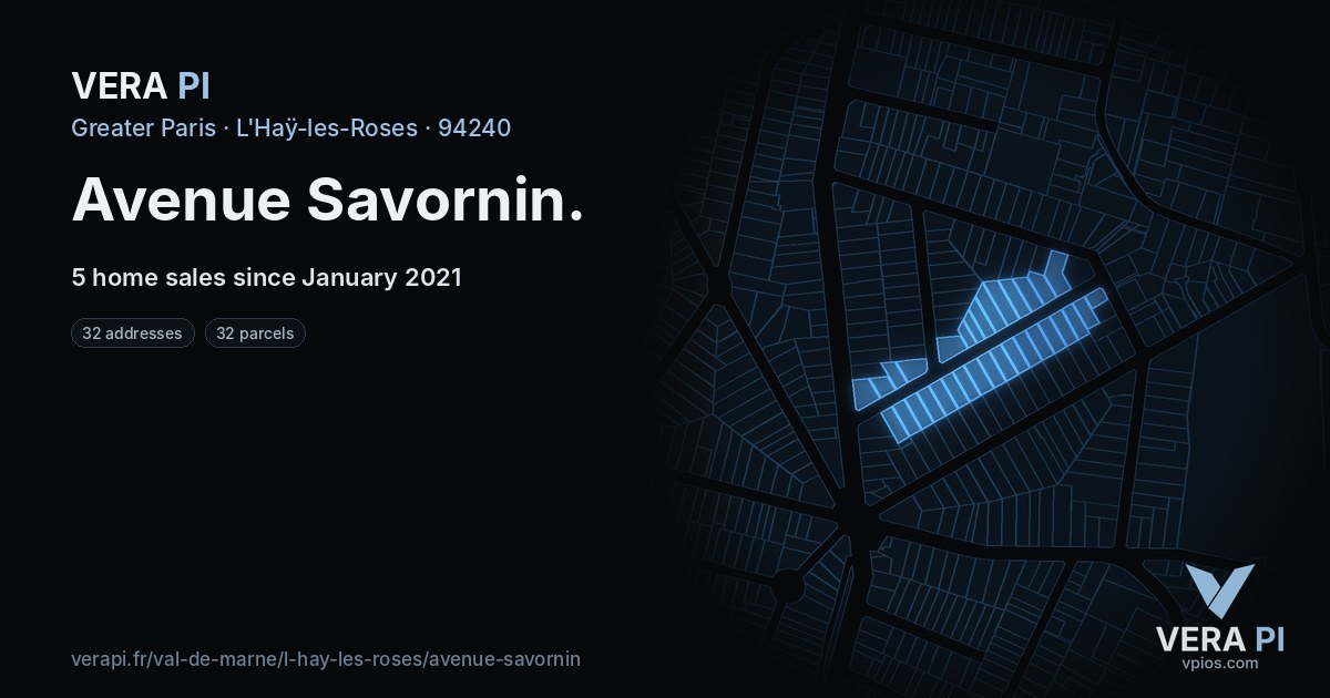 Avenue Savornin, L'Haÿ-les-Roses at night – every parcel coloured by the prices around it, the street's own parcels lit