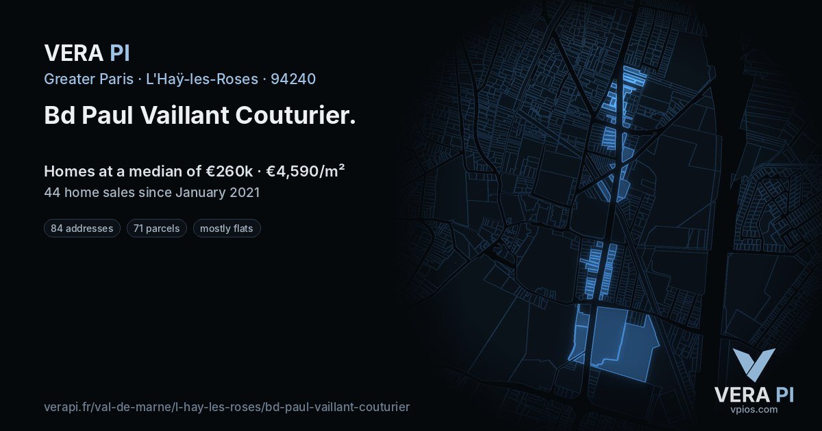 Bd Paul Vaillant Couturier, L'Haÿ-les-Roses at night – every parcel coloured by the prices around it, the street's own parcels lit