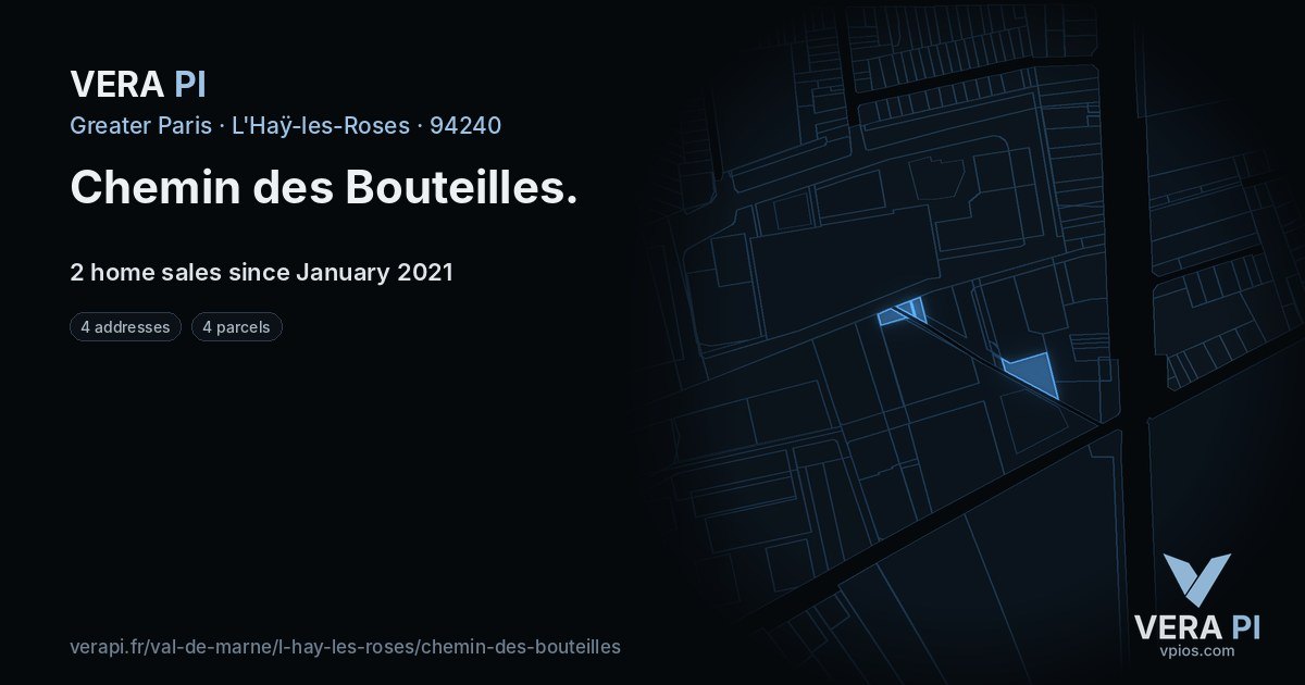 Chemin des Bouteilles, L'Haÿ-les-Roses at night – every parcel coloured by the prices around it, the street's own parcels lit