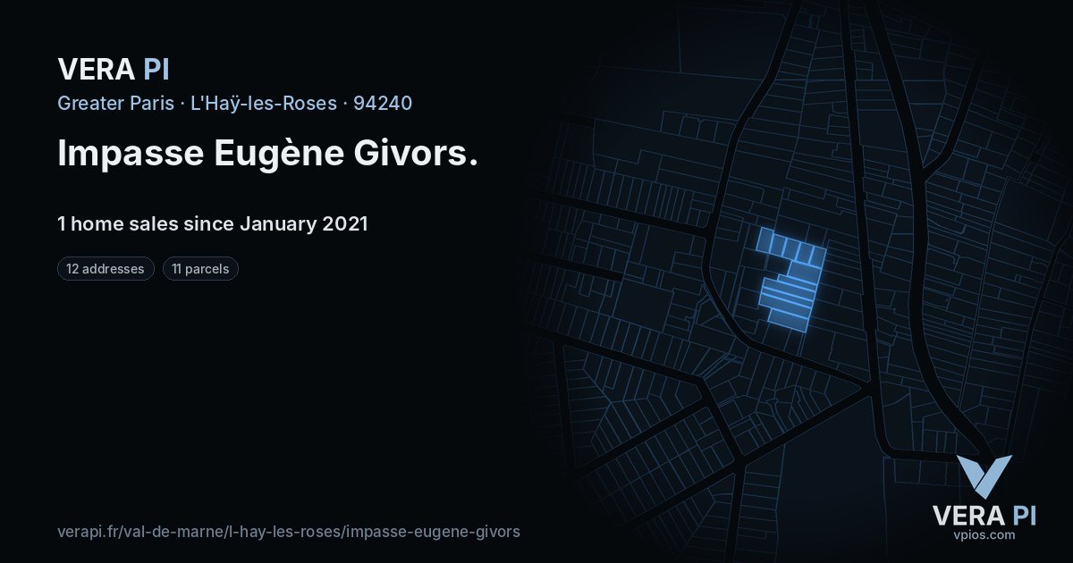 Impasse Eugène Givors, L'Haÿ-les-Roses at night – every parcel coloured by the prices around it, the street's own parcels lit