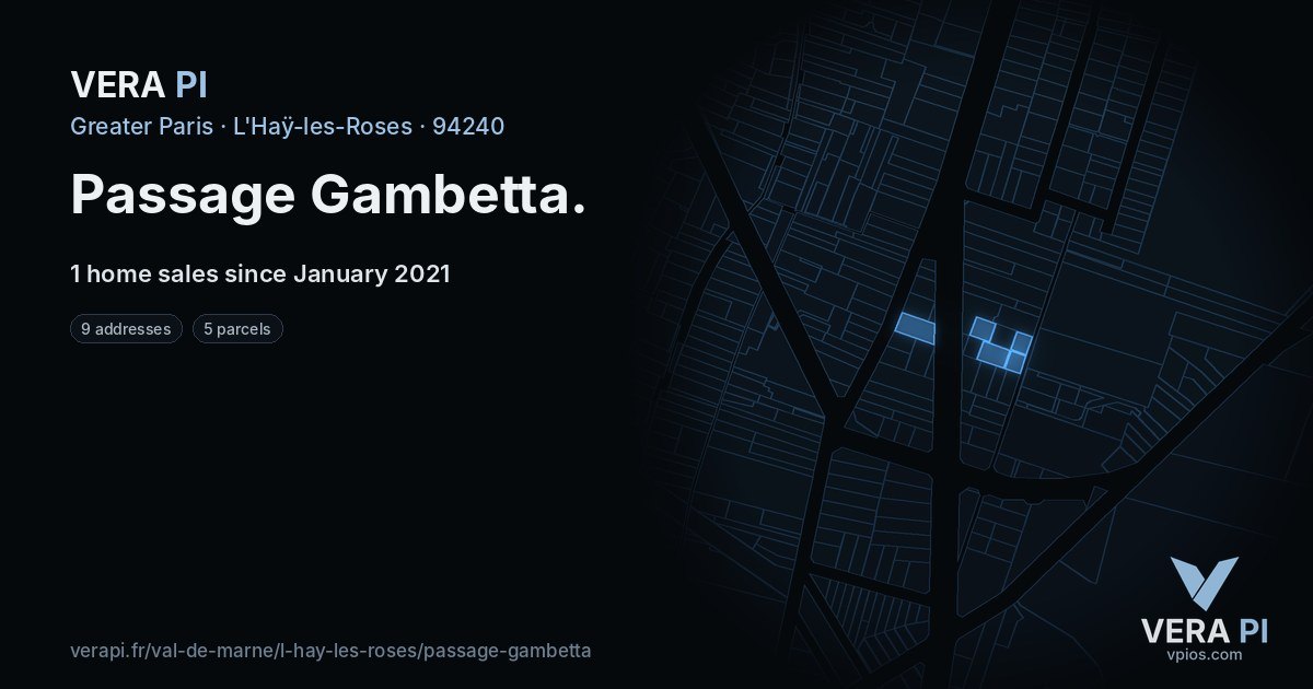 Passage Gambetta, L'Haÿ-les-Roses at night – every parcel coloured by the prices around it, the street's own parcels lit