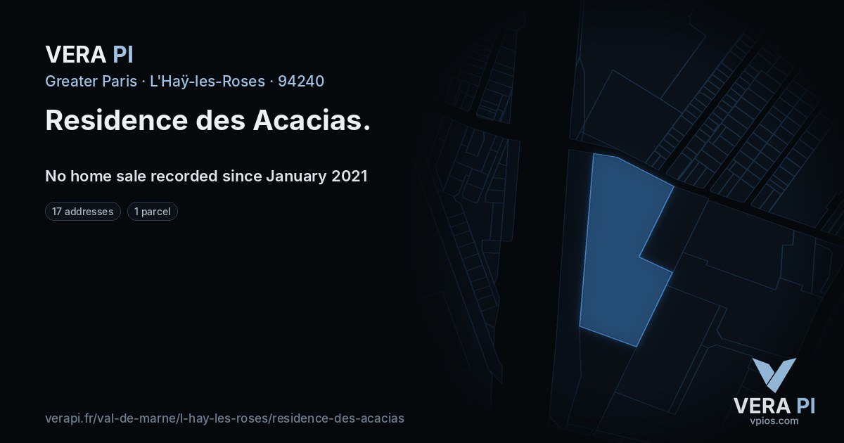 Residence des Acacias, L'Haÿ-les-Roses at night – every parcel coloured by the prices around it, the street's own parcels lit