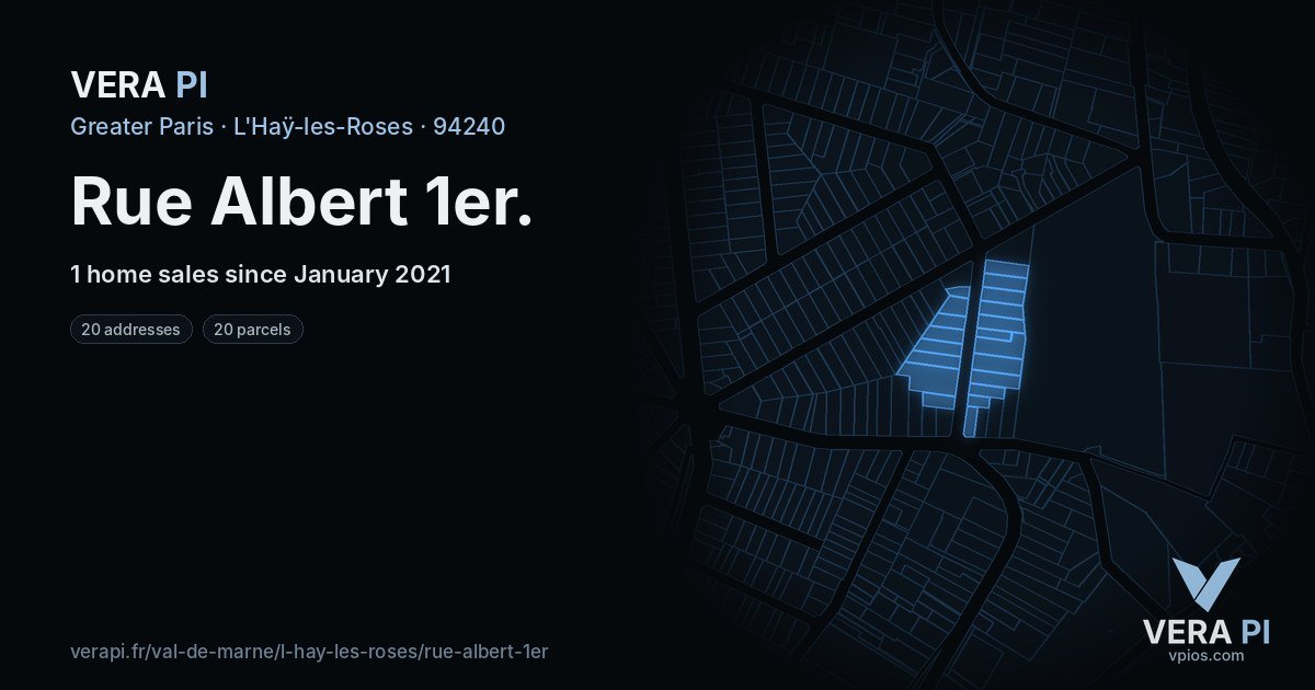 Rue Albert 1er, L'Haÿ-les-Roses at night – every parcel coloured by the prices around it, the street's own parcels lit