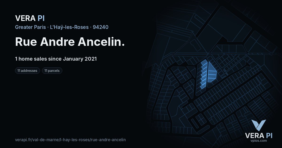 Rue Andre Ancelin, L'Haÿ-les-Roses at night – every parcel coloured by the prices around it, the street's own parcels lit