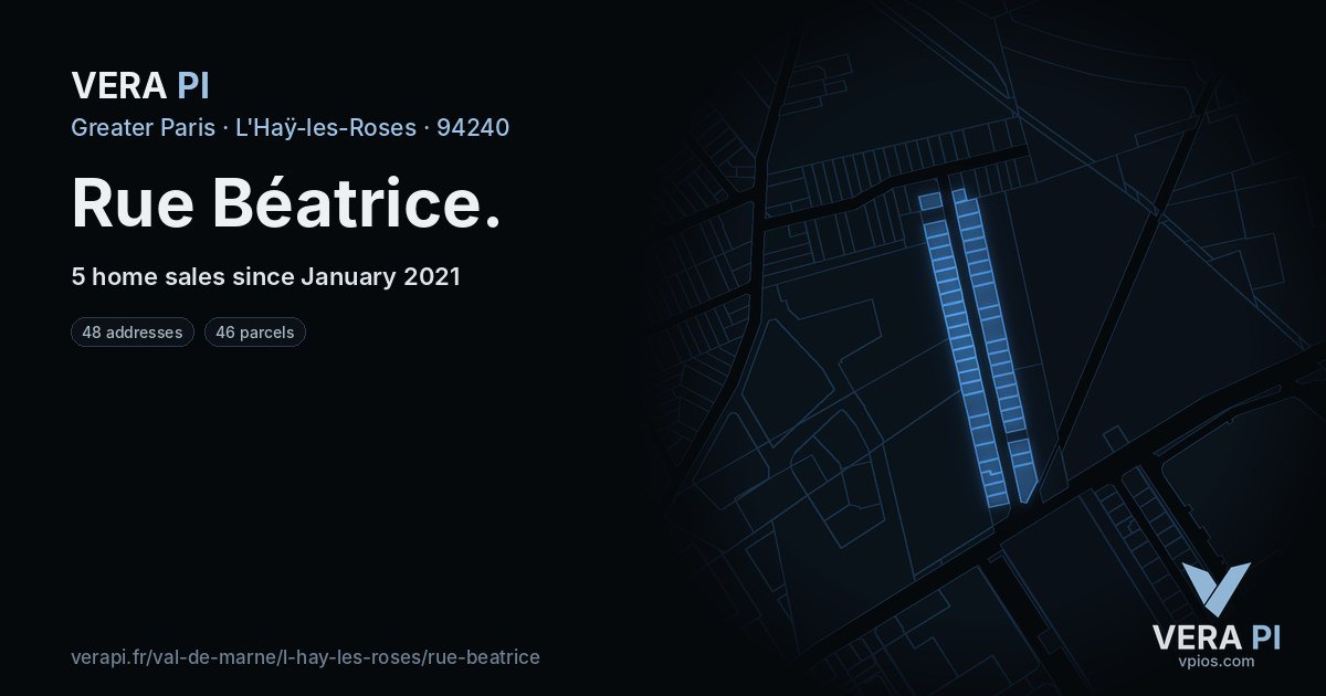 Rue Béatrice, L'Haÿ-les-Roses at night – every parcel coloured by the prices around it, the street's own parcels lit