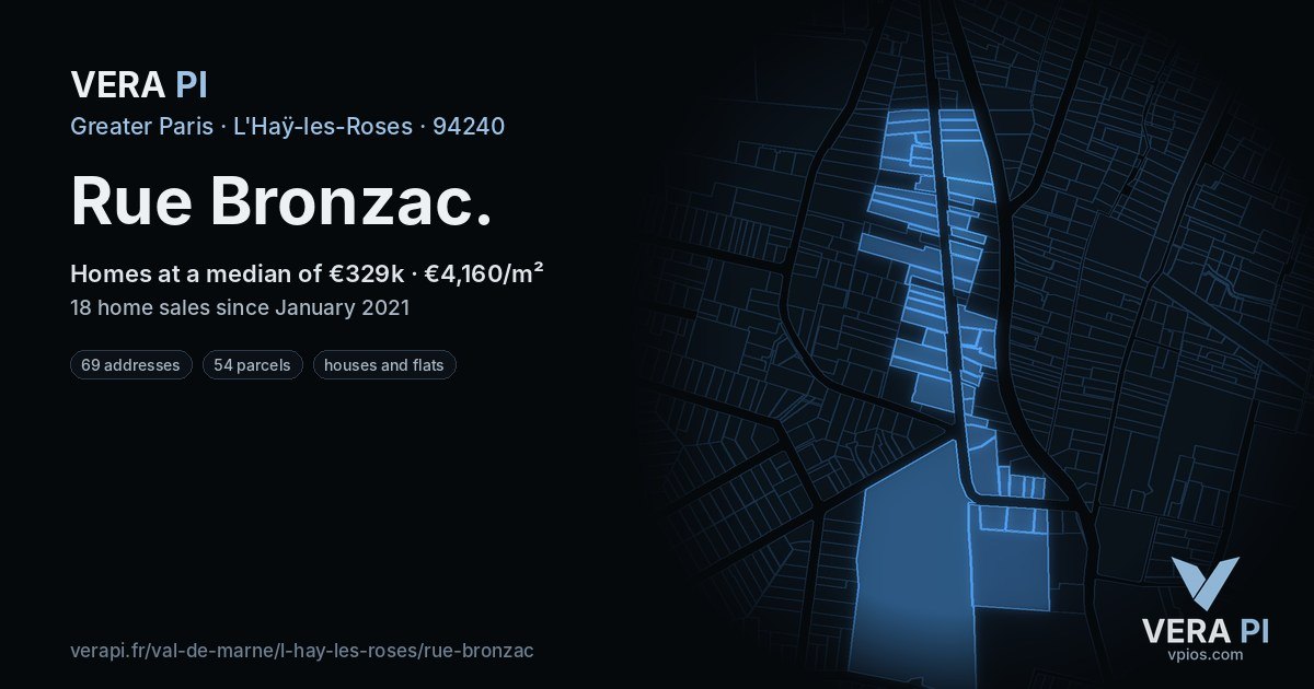 Rue Bronzac, L'Haÿ-les-Roses at night – every parcel coloured by the prices around it, the street's own parcels lit