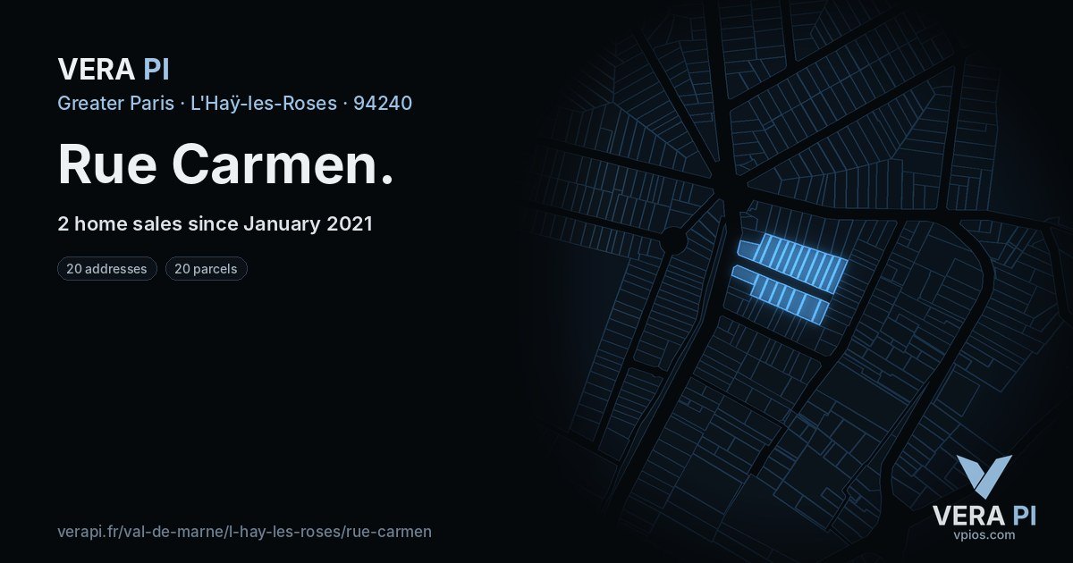 Rue Carmen, L'Haÿ-les-Roses at night – every parcel coloured by the prices around it, the street's own parcels lit