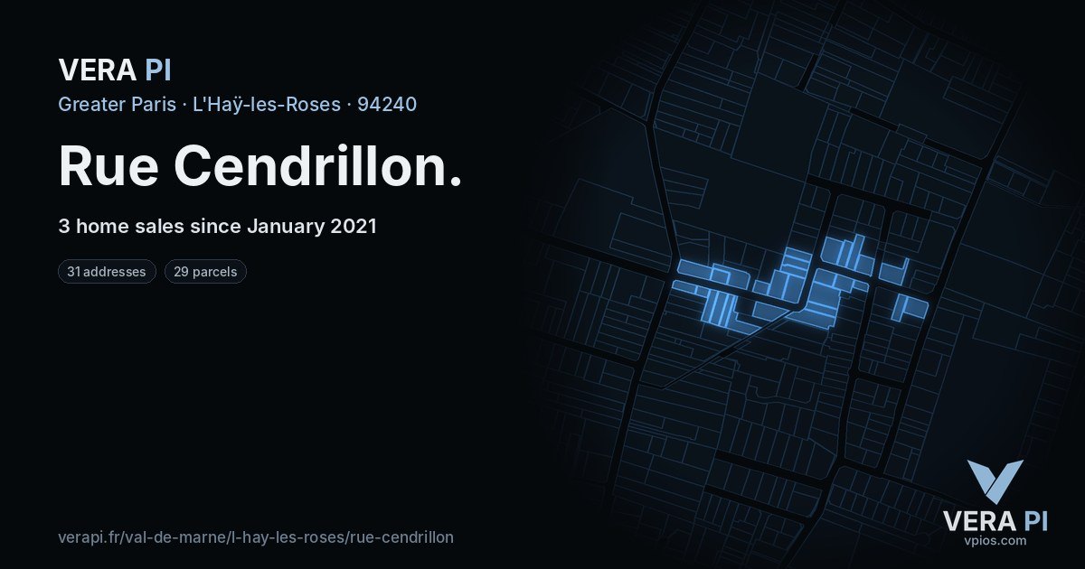 Rue Cendrillon, L'Haÿ-les-Roses at night – every parcel coloured by the prices around it, the street's own parcels lit