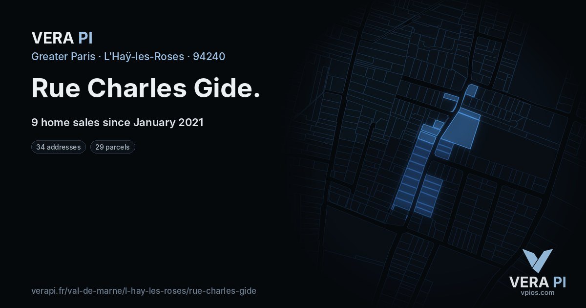 Rue Charles Gide, L'Haÿ-les-Roses at night – every parcel coloured by the prices around it, the street's own parcels lit