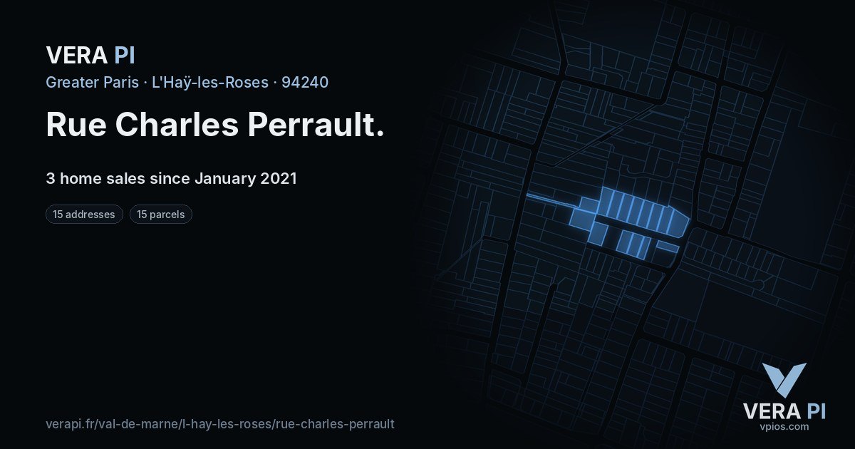 Rue Charles Perrault, L'Haÿ-les-Roses at night – every parcel coloured by the prices around it, the street's own parcels lit