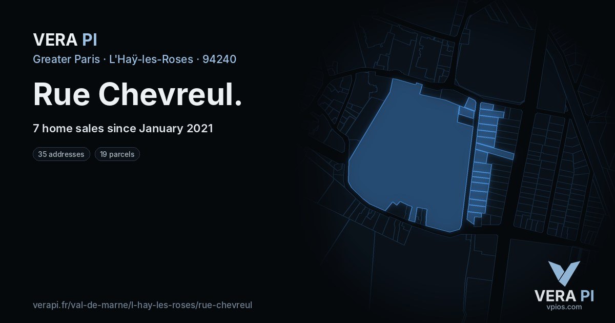 Rue Chevreul, L'Haÿ-les-Roses at night – every parcel coloured by the prices around it, the street's own parcels lit