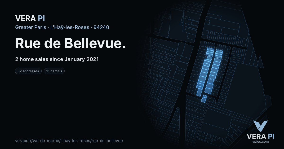 Rue de Bellevue, L'Haÿ-les-Roses at night – every parcel coloured by the prices around it, the street's own parcels lit