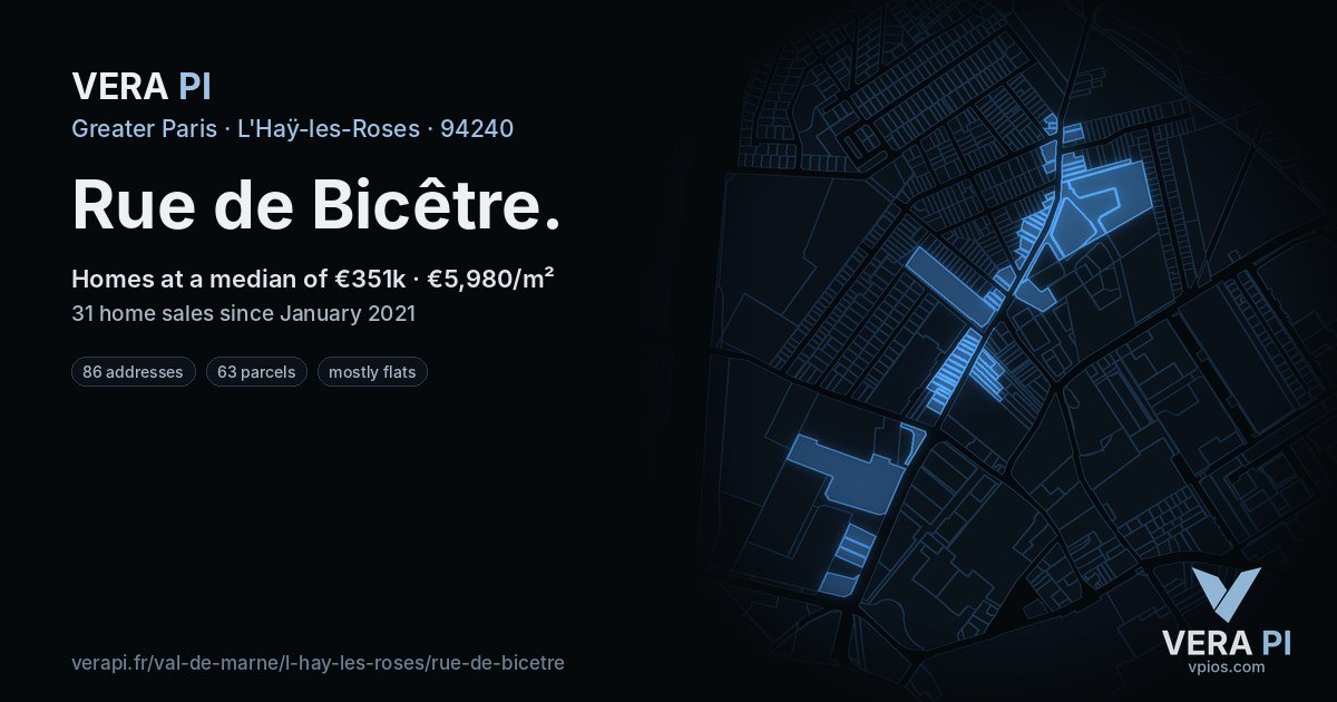 Rue de Bicêtre, L'Haÿ-les-Roses at night – every parcel coloured by the prices around it, the street's own parcels lit