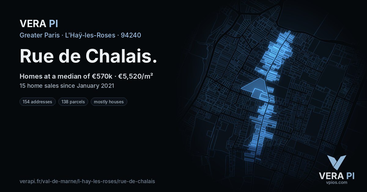 Rue de Chalais, L'Haÿ-les-Roses at night – every parcel coloured by the prices around it, the street's own parcels lit