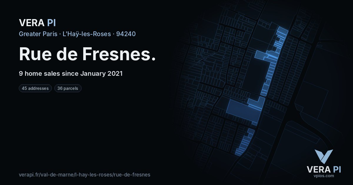 Rue de Fresnes, L'Haÿ-les-Roses at night – every parcel coloured by the prices around it, the street's own parcels lit