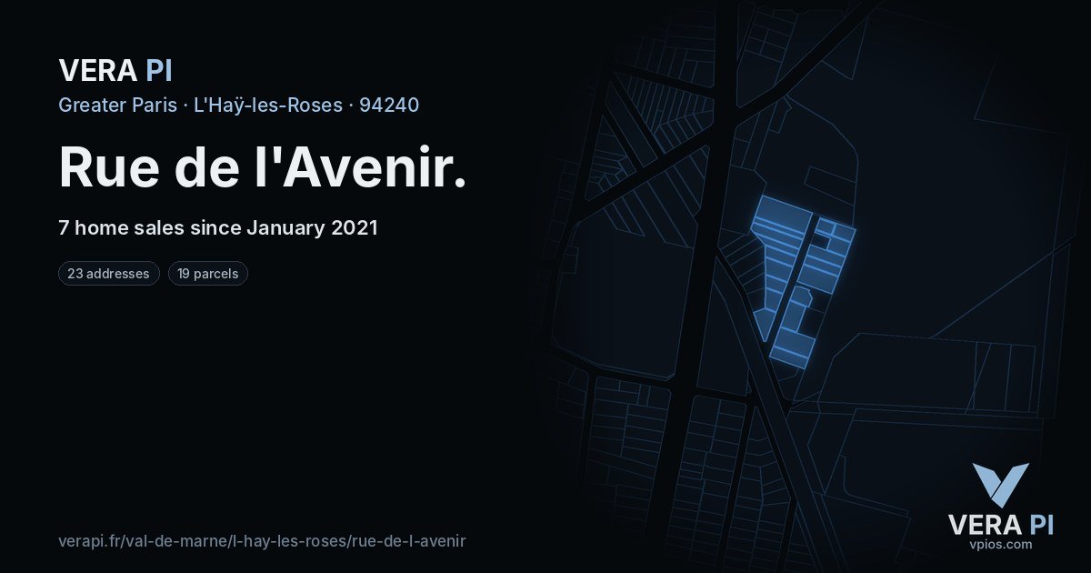 Rue de l'Avenir, L'Haÿ-les-Roses at night – every parcel coloured by the prices around it, the street's own parcels lit