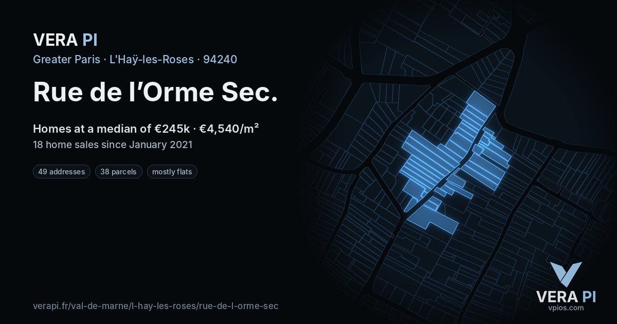 Rue de l’Orme Sec, L'Haÿ-les-Roses at night – every parcel coloured by the prices around it, the street's own parcels lit