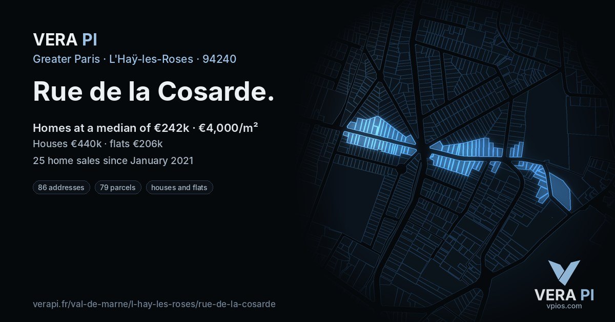 Rue de la Cosarde, L'Haÿ-les-Roses at night – every parcel coloured by the prices around it, the street's own parcels lit